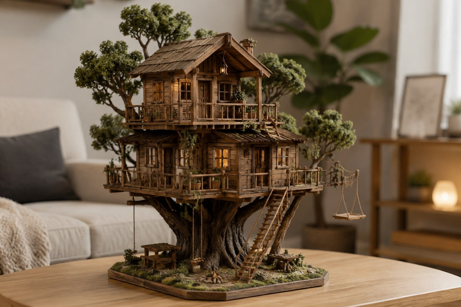 A completed Jigden wooden treehouse model sitting on a compact apartment coffee table.