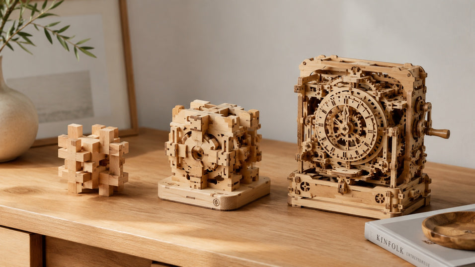 Progression of Jigden 3D wooden puzzles from beginner to expert difficulty on a clean desk