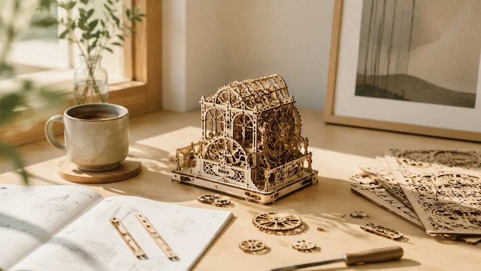 Mindful assembly of a premium Jigden adult wood model kit on a sunny desk