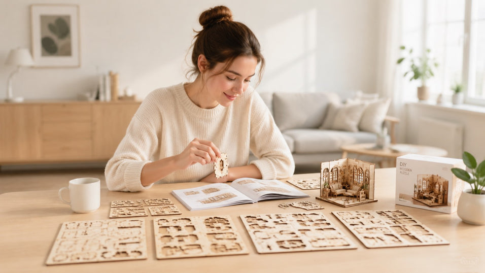 A beginner starting their first wooden model kit by gently removing a laser-cut birch piece from a flat sheet in a bright, inviting workspace.