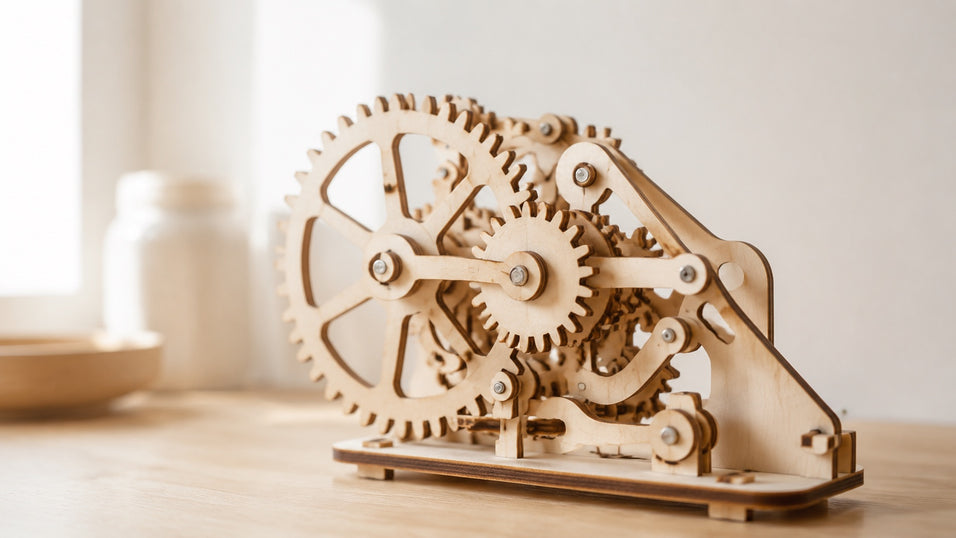 Close-up of a realistic Jigden birch wooden gear mechanism for engineers