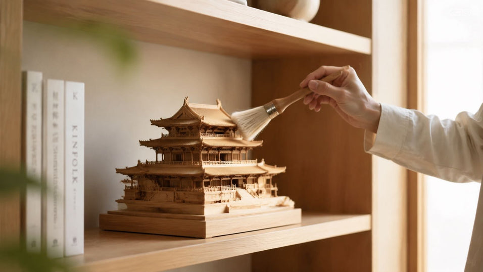 Carefully dusting and maintaining a display-worthy 3D wooden puzzle on an elegant bookshelf to ensure long-lasting structural beauty.