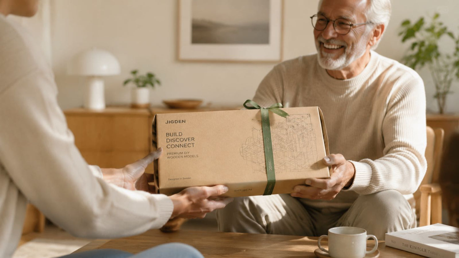 A thoughtful Father's Day gift exchange featuring a premium 3D wooden model kit, the perfect unique wood gift for builder dads.