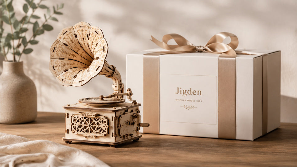 Premium Jigden wooden model kit presented as an elegant, experiential gift