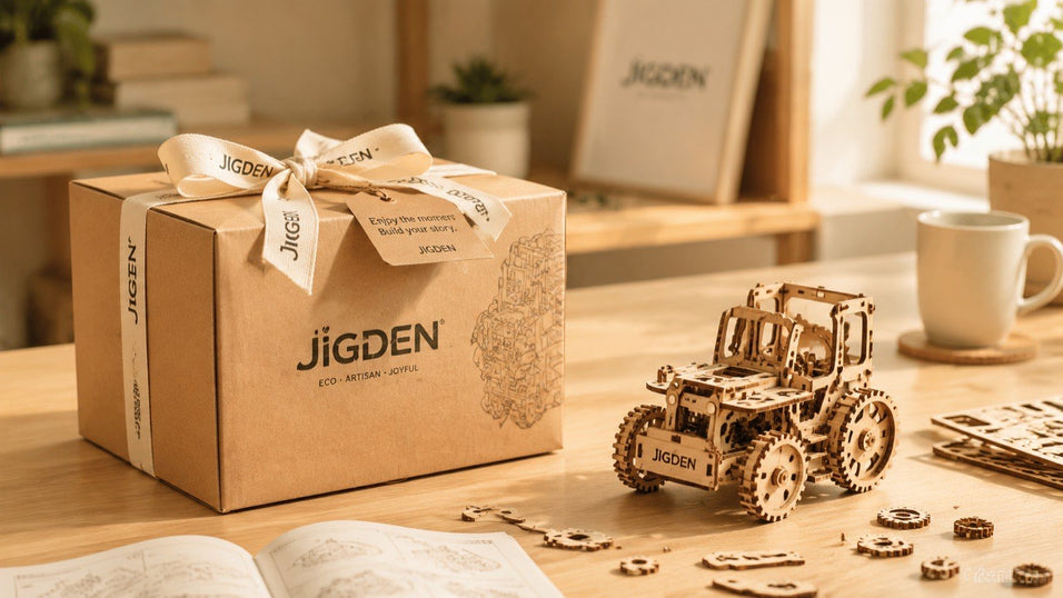 A beautifully wrapped Jigden wooden puzzle gift box on a light oak table, perfect as a unique wood gift for builders and a mindful escape.