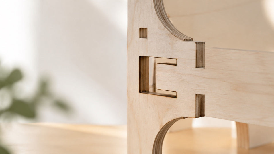 Macro detail of laser-cut birch wood interlocking joints, illustrating the precise friction-fit engineering behind modern 3D wooden puzzles.