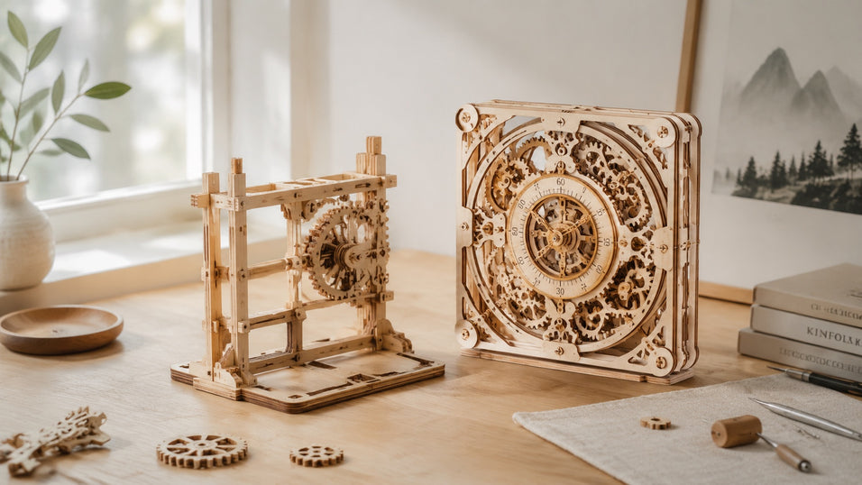 Building process of a Jigden 3D wooden puzzle showing different stages of completion