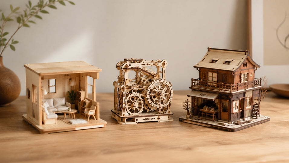 Side-by-side comparison of different wooden model kit styles including Jigden