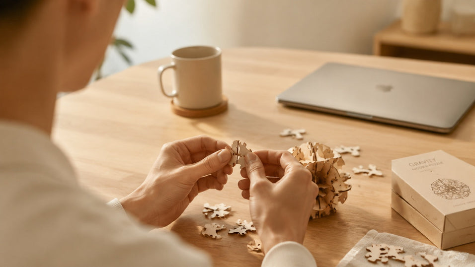 Enjoying a screen-free hobby for adults by assembling a 3D wooden puzzle next to a closed laptop for a true digital detox.