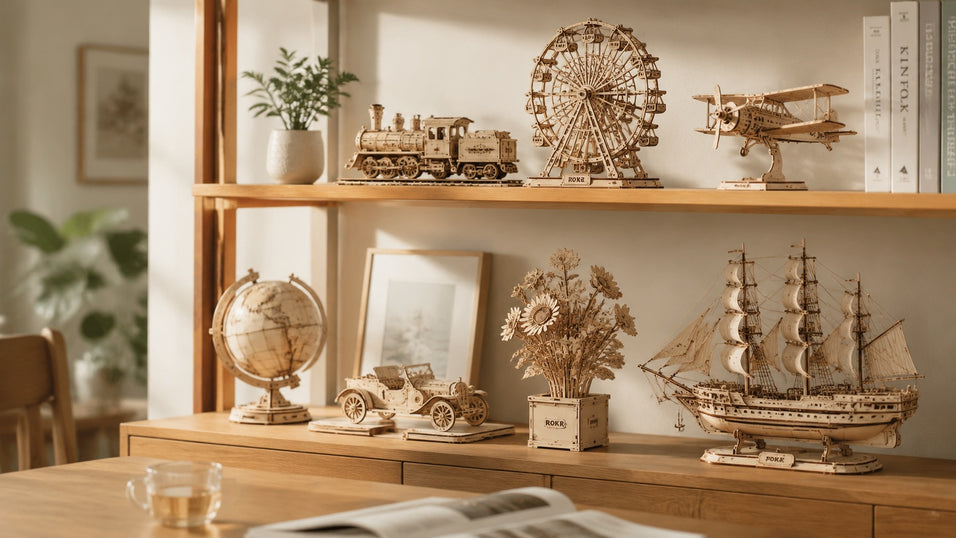 A collection of completed Jigden wooden models displayed as a fulfilling retirement hobby