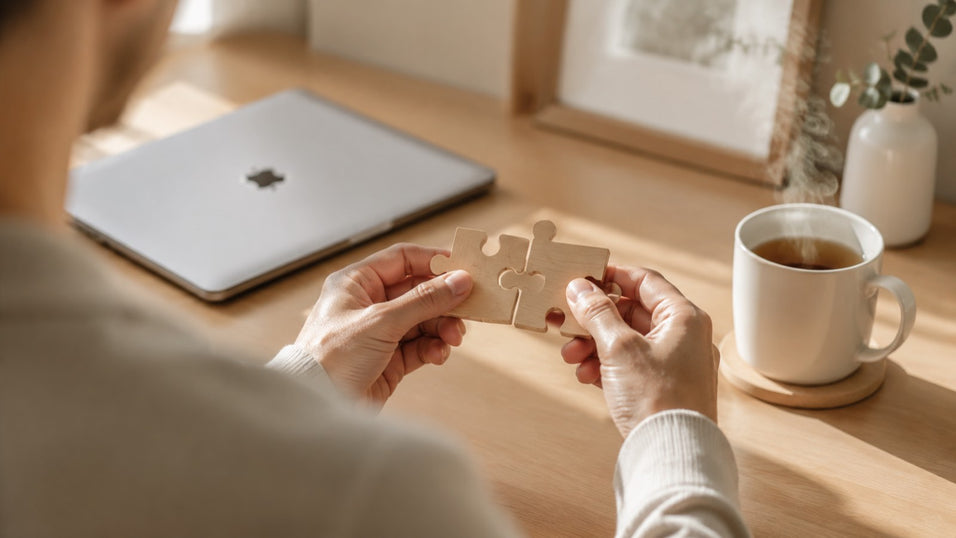 Adult hands focused on assembling a mechanical 3D wooden puzzle beside a closed laptop, illustrating a calming stress relief hobby and screen-free digital detox.