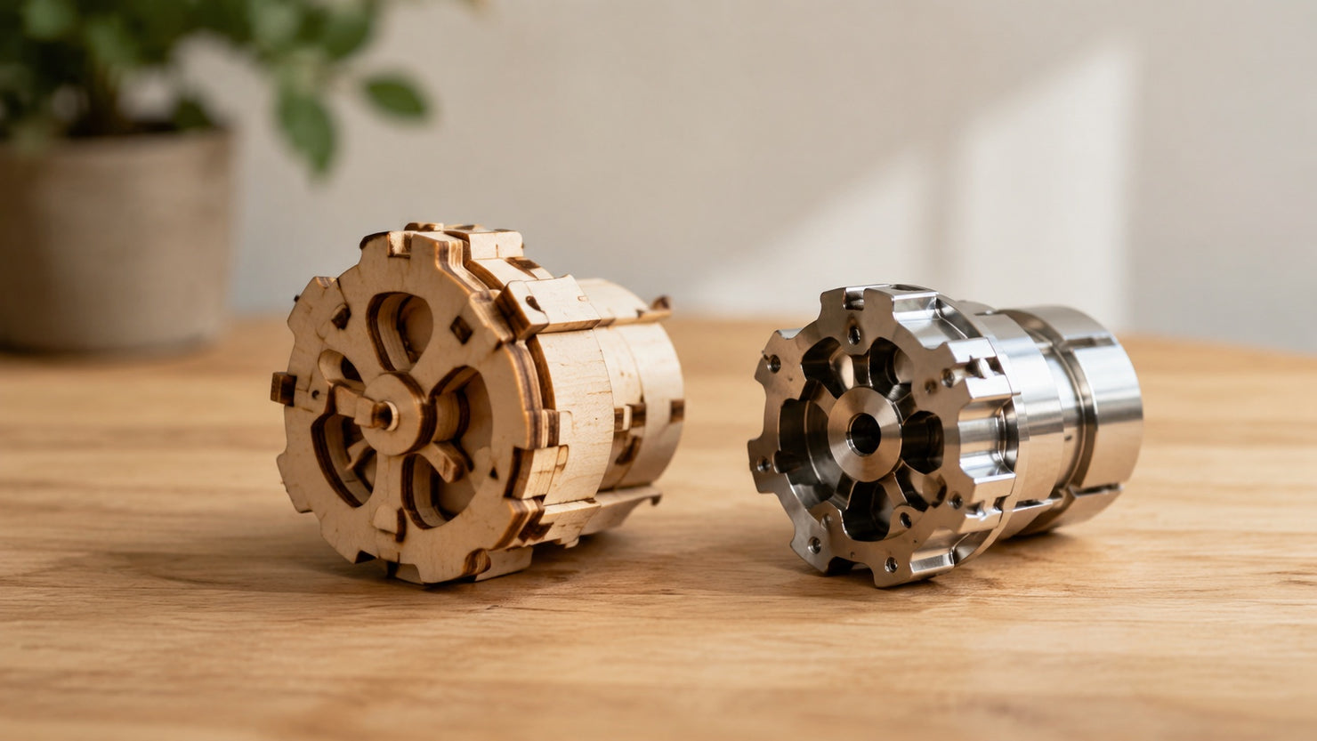 Visual comparison of warm Jigden birch wood texture versus a metal kit part