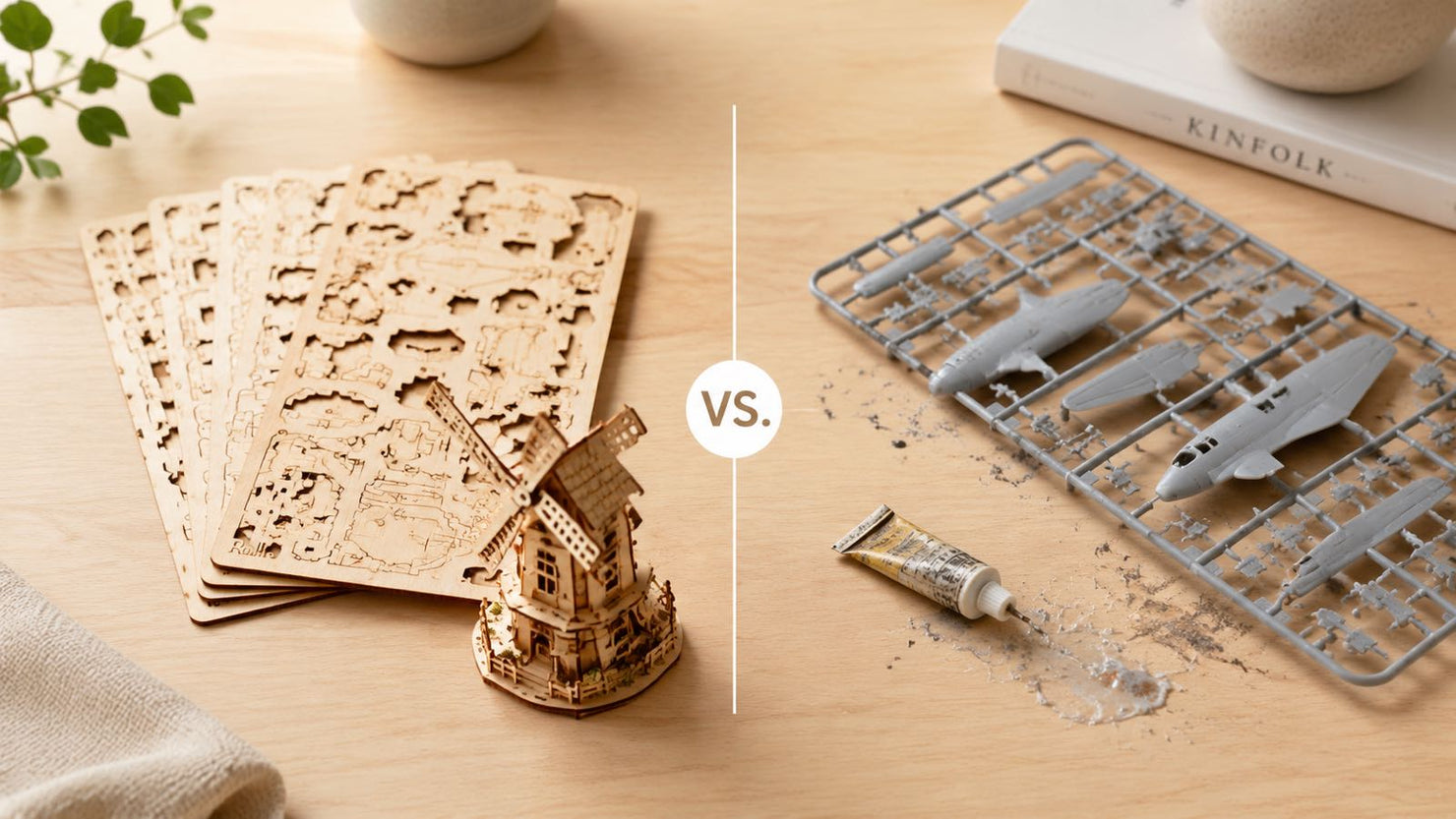 A visual comparison between eco-friendly laser-cut 3D wooden puzzle sheets and traditional plastic model kits requiring messy glue.
