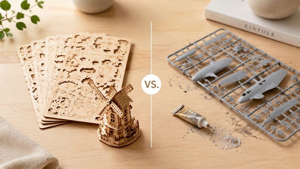 A visual comparison between eco-friendly laser-cut 3D wooden puzzle sheets and traditional plastic model kits requiring messy glue.