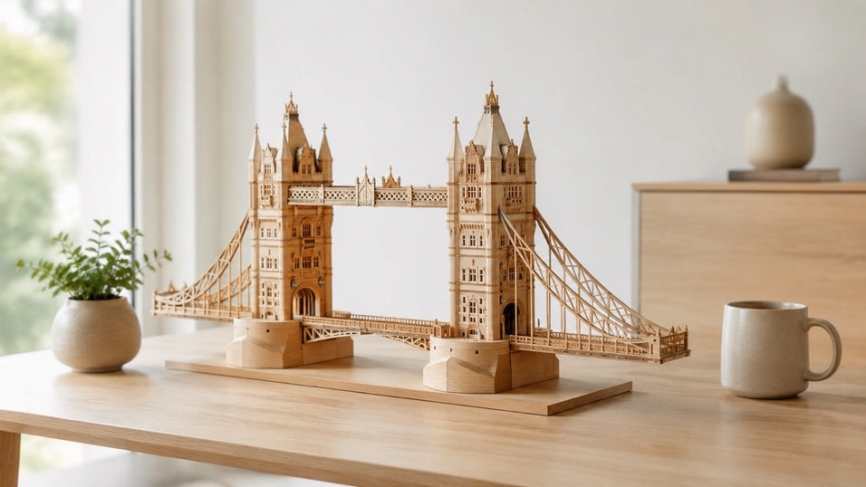 Finished Jigden 3D wooden London Tower Bridge puzzle displayed on a minimalist wooden desk with a coffee cup and plant