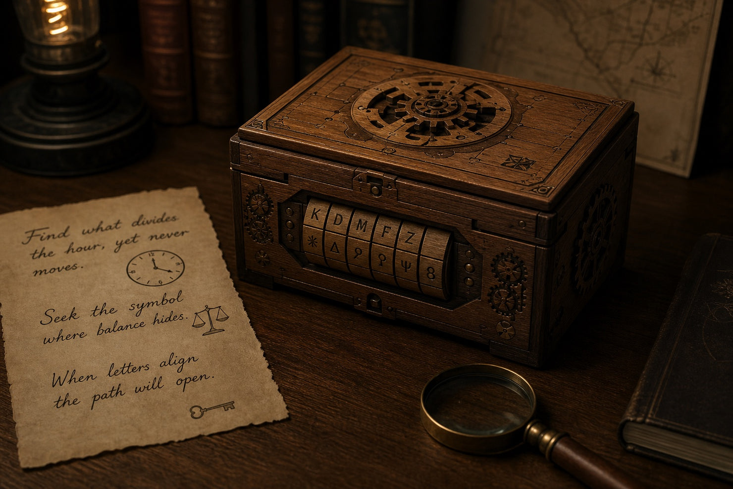 A Jigden mechanical wooden cipher box on a dimly lit desk, set up for an at-home escape room experience.