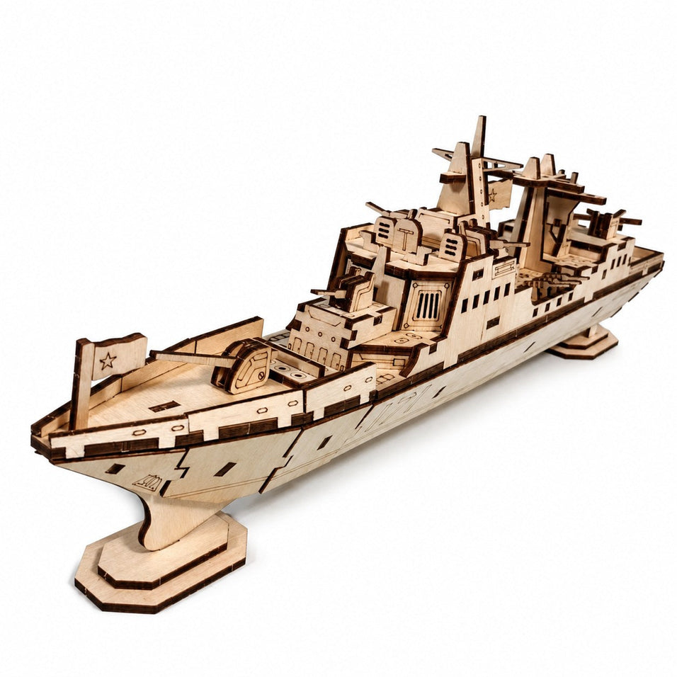 A completed Jigden Modern Naval Warship 3D wooden puzzle on a clean white background.