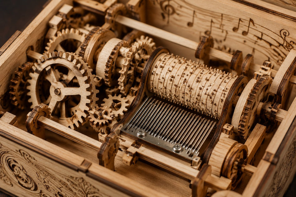 A close-up of the internal wooden gears of a Jigden mechanical music box.