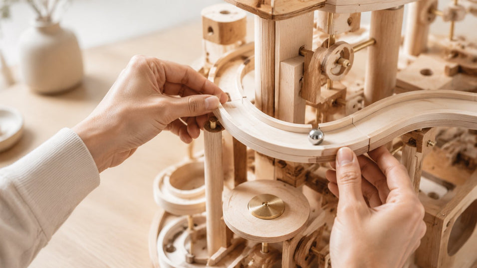Builder carefully aligning a curved wooden track piece on a 3D marble run kit on a well-lit desk