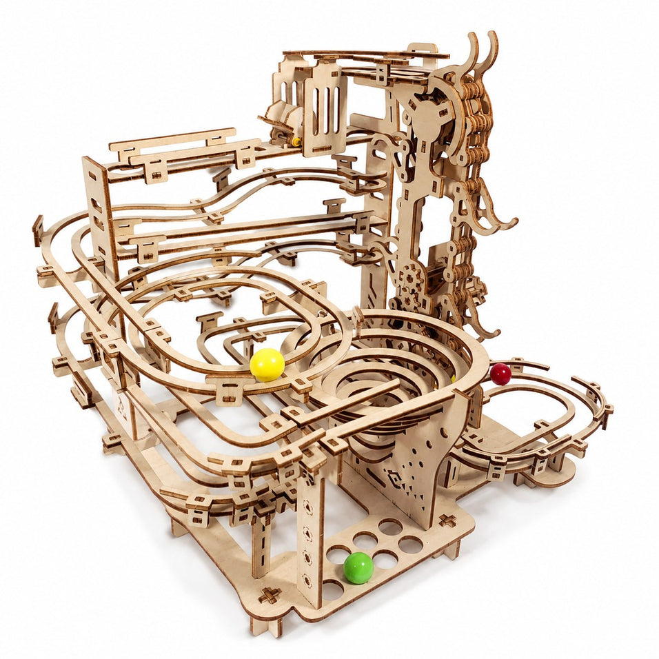 A completed Jigden Mechanical Marble Run 3D wooden puzzle on a clean white background.