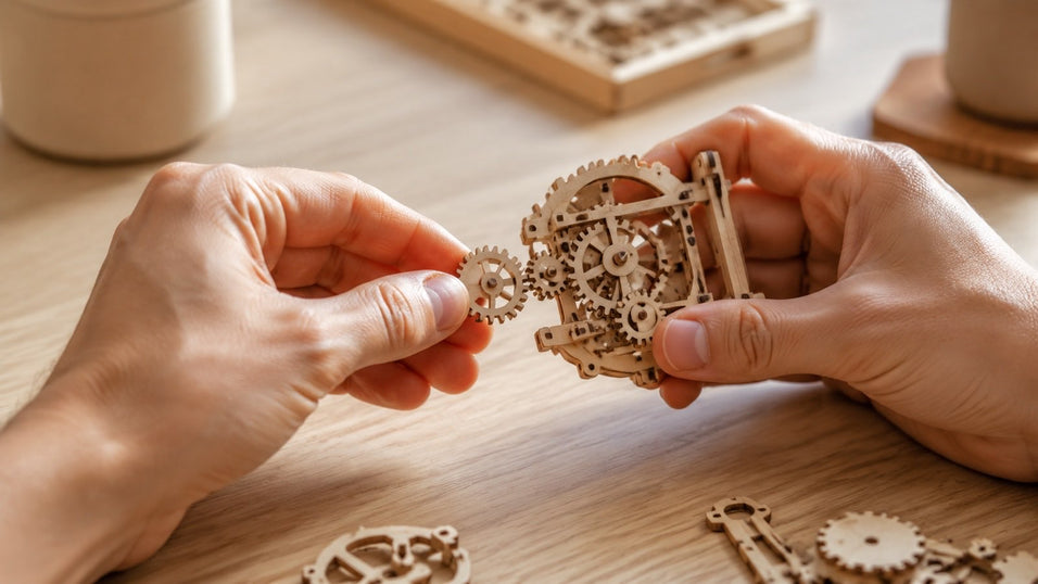 Adult hands fitting together small birch wood gears of a 3D puzzle under warm desk lighting