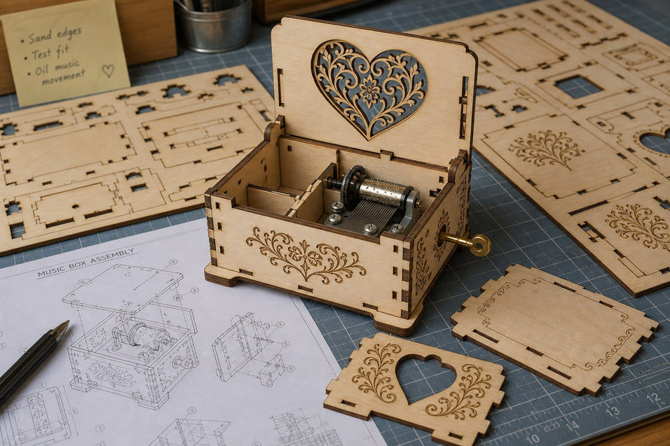 A partially assembled Jigden mechanical wooden music jewelry box resting on a drafting table.