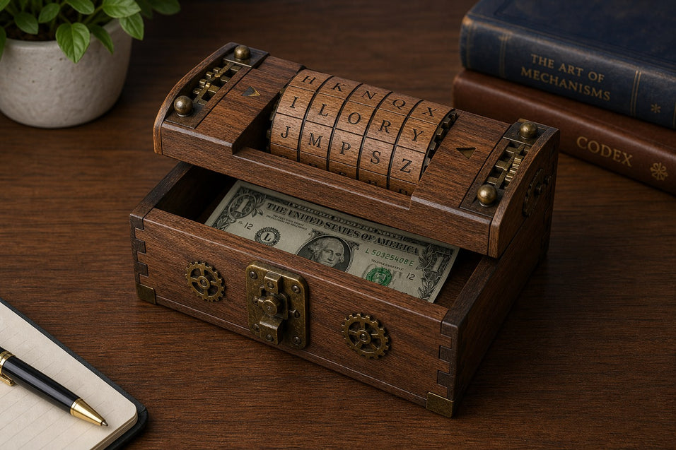 A Jigden mechanical cipher box sitting on a wooden desk, slightly open to reveal a folded monetary gift inside.