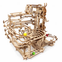 Mechanical marble run 3D wooden puzzle on a white background.