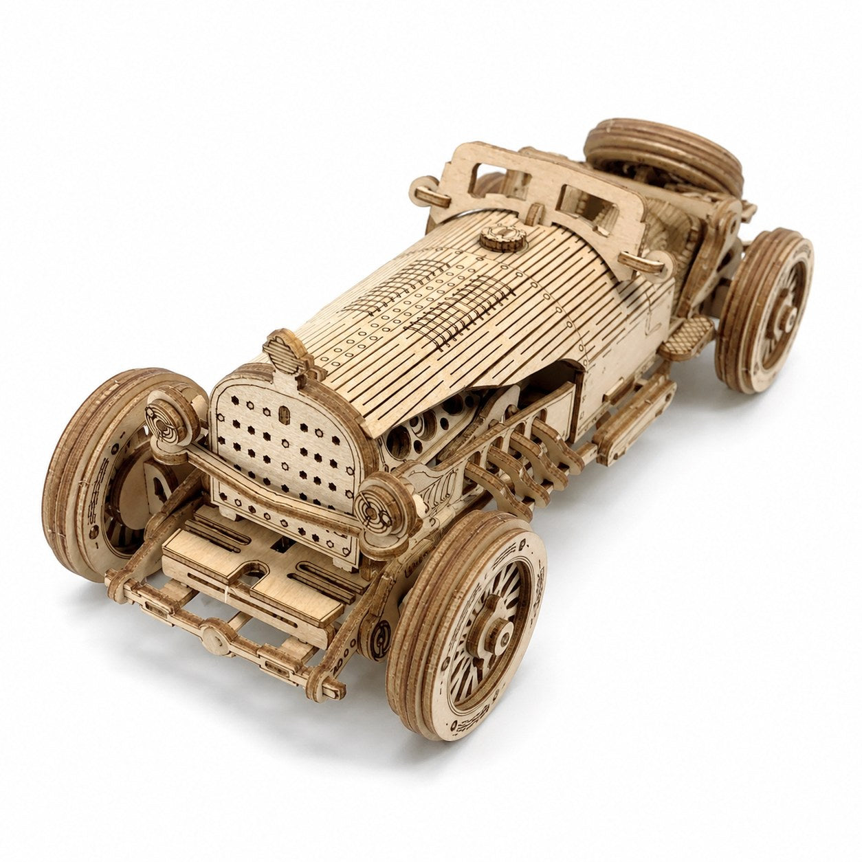 Vintage sports car 3D wooden puzzle on a white background.