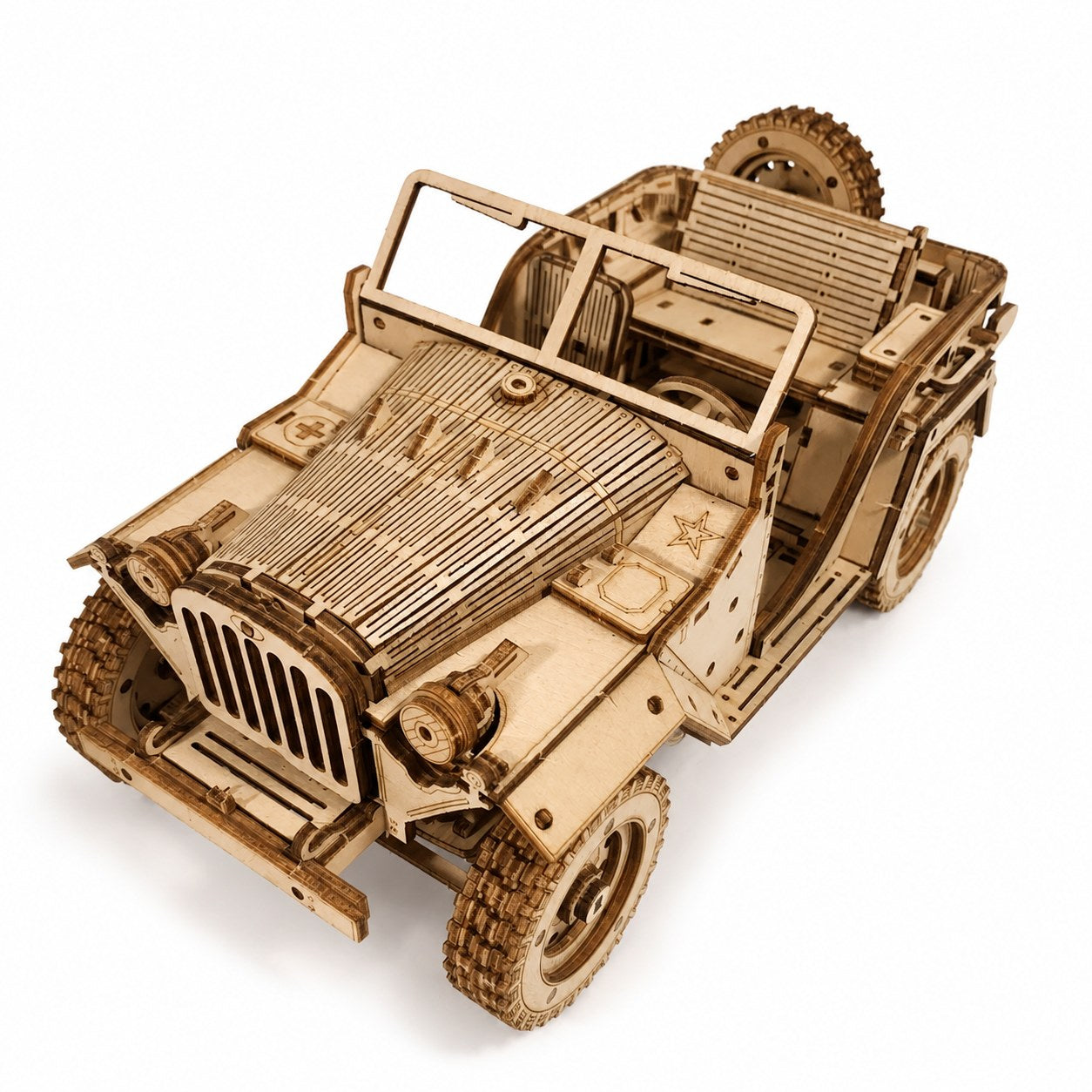 Vintage off-road vehicle 3D wooden puzzle assembled on a white background.