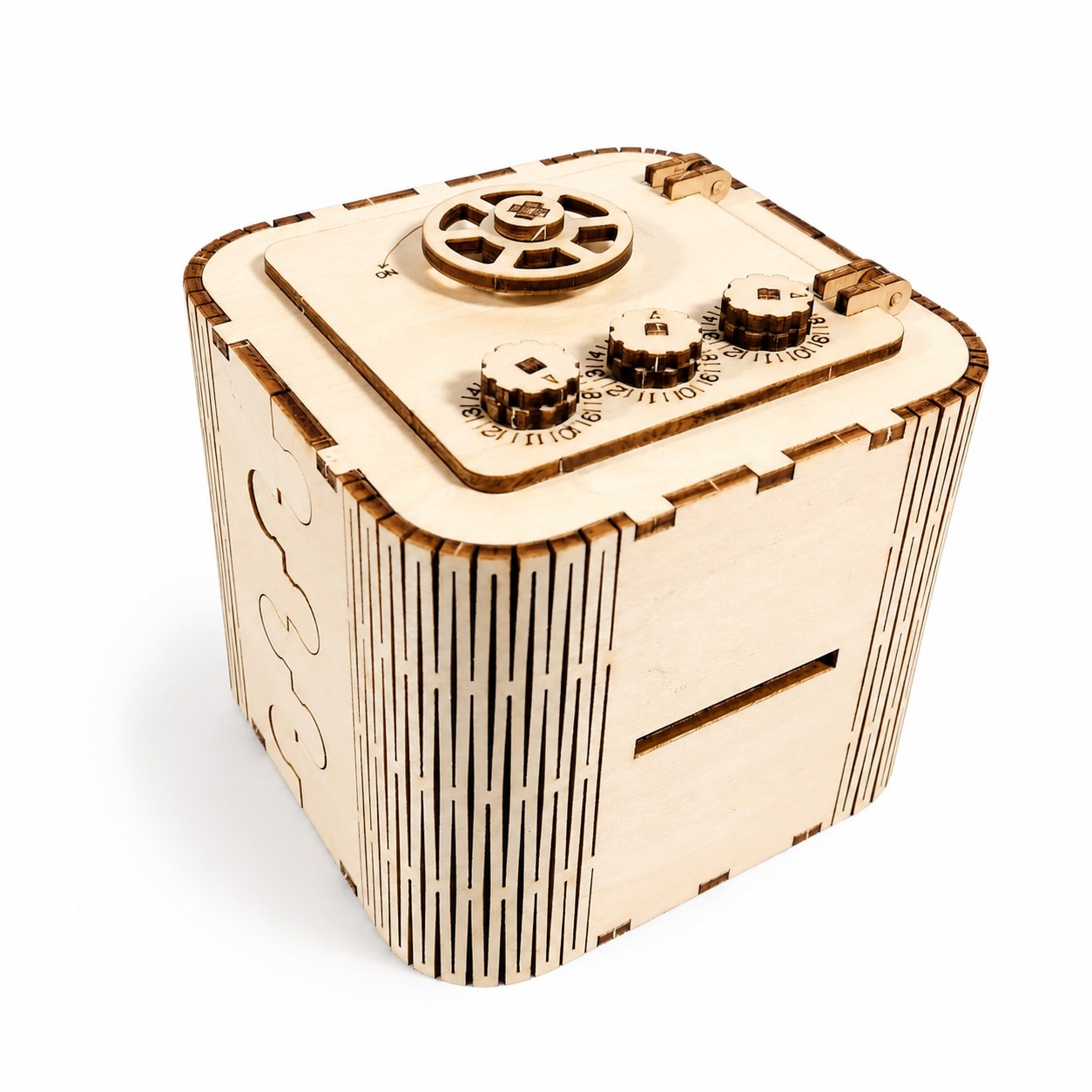 Assembled mechanical wooden safe 3D puzzle on white background