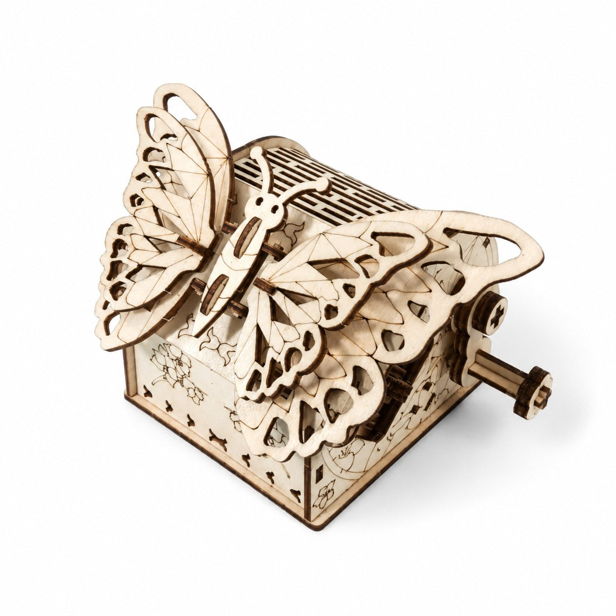Kinetic wooden butterfly 3D puzzle on white background.