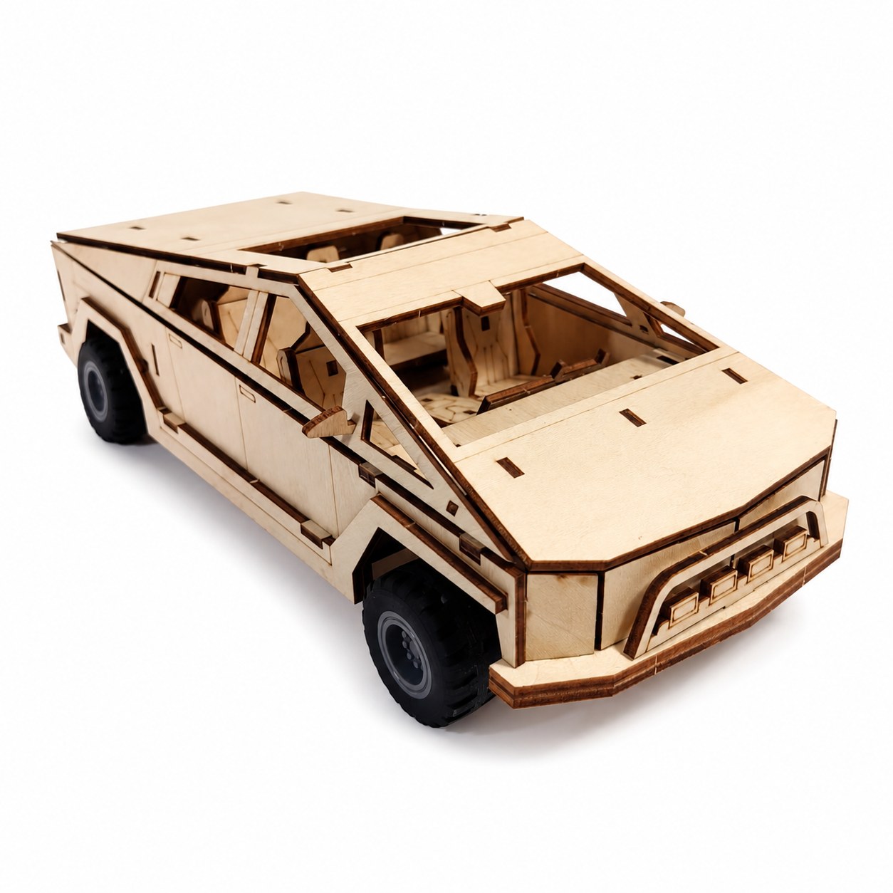 Futuristic geometric 3D wooden pickup truck model on white background
