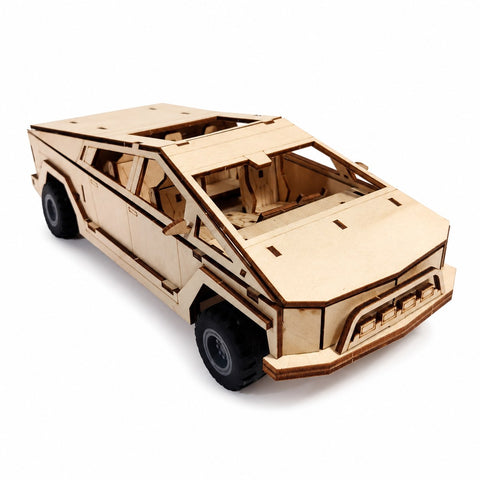 Futuristic geometric 3D wooden pickup truck model on white background