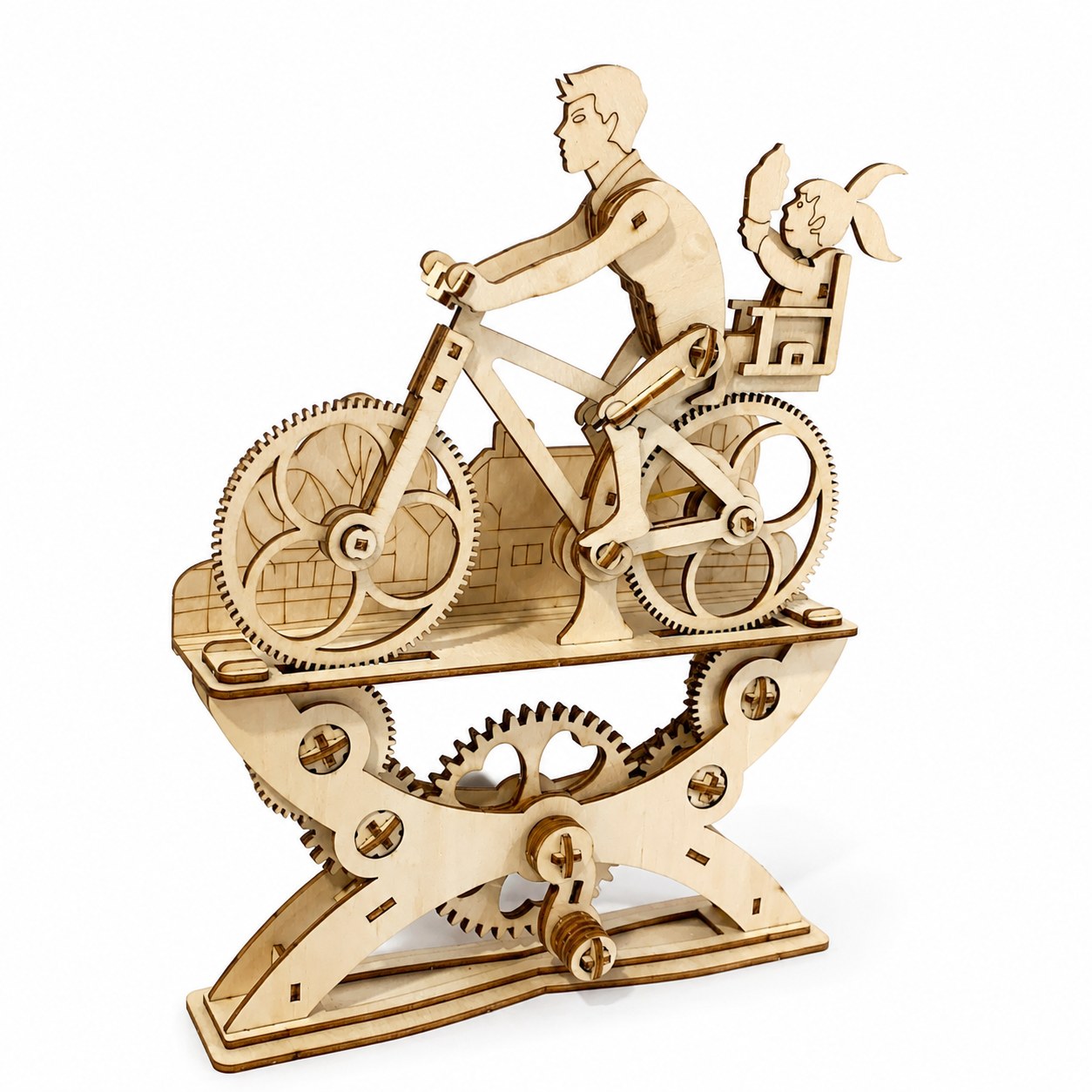 Father and daughter bicycle 3D wooden mechanical puzzle on white background