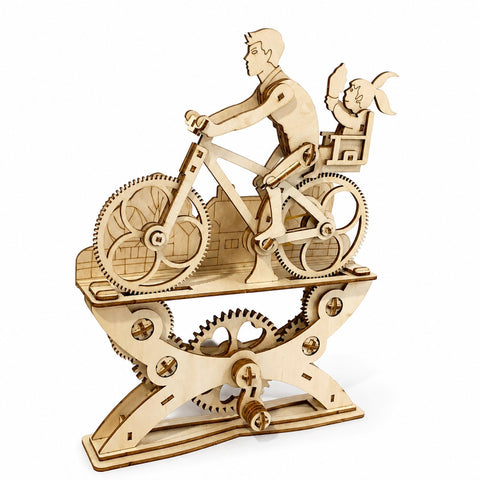Father and daughter bicycle 3D wooden mechanical puzzle on white background