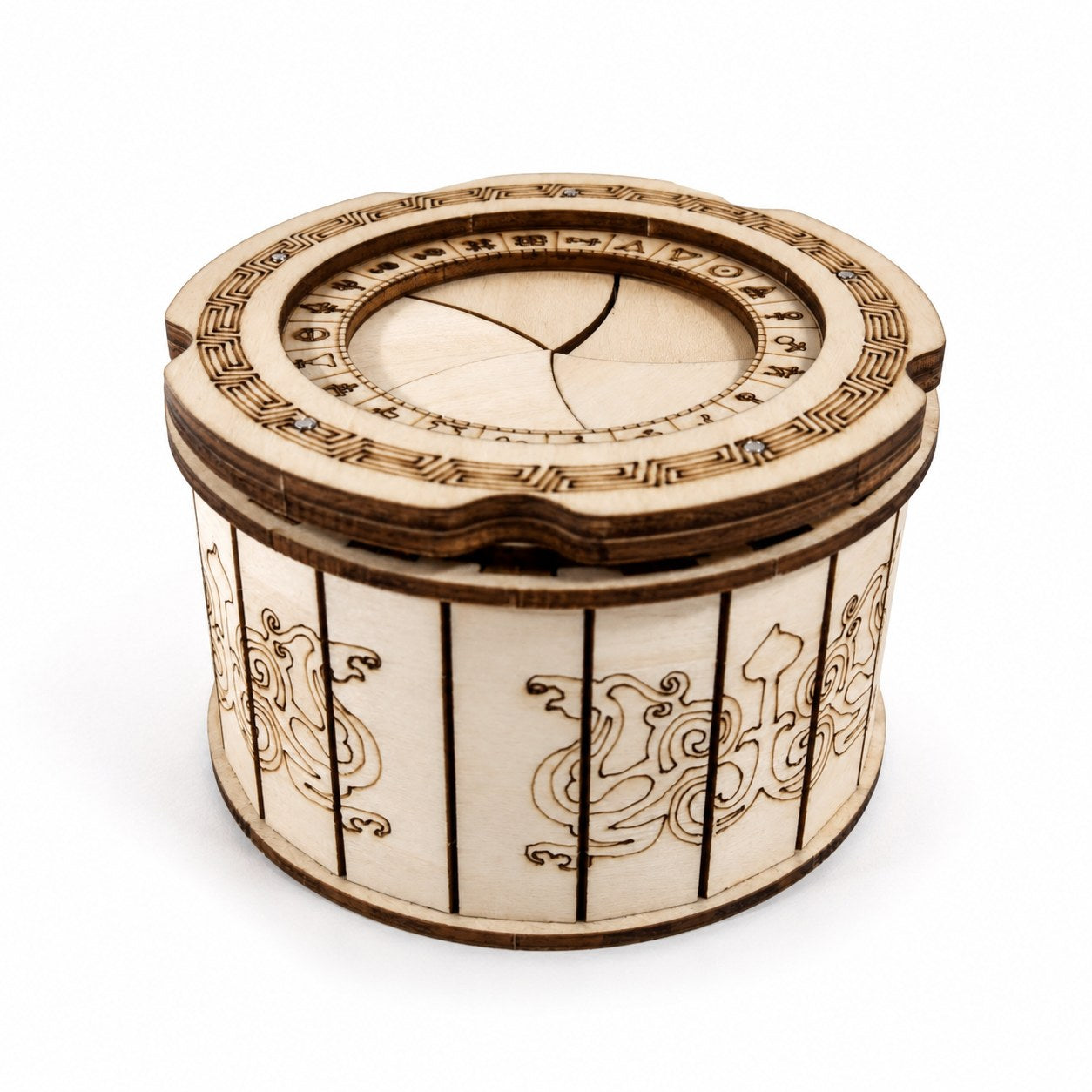 Mechanical Iris 3D Wooden Puzzle Box on white background