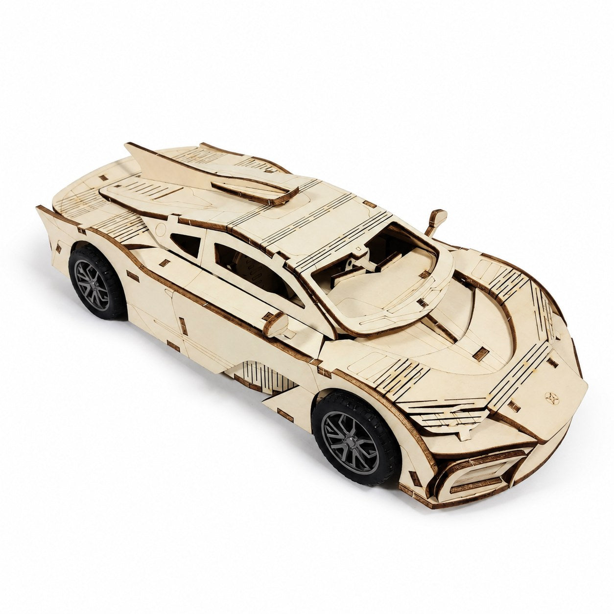 Assembled Jigden 3D wooden hypercar model on a white background