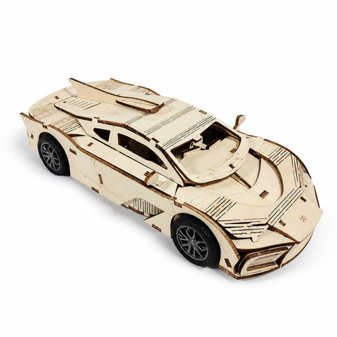 Assembled Jigden 3D wooden hypercar model on a white background