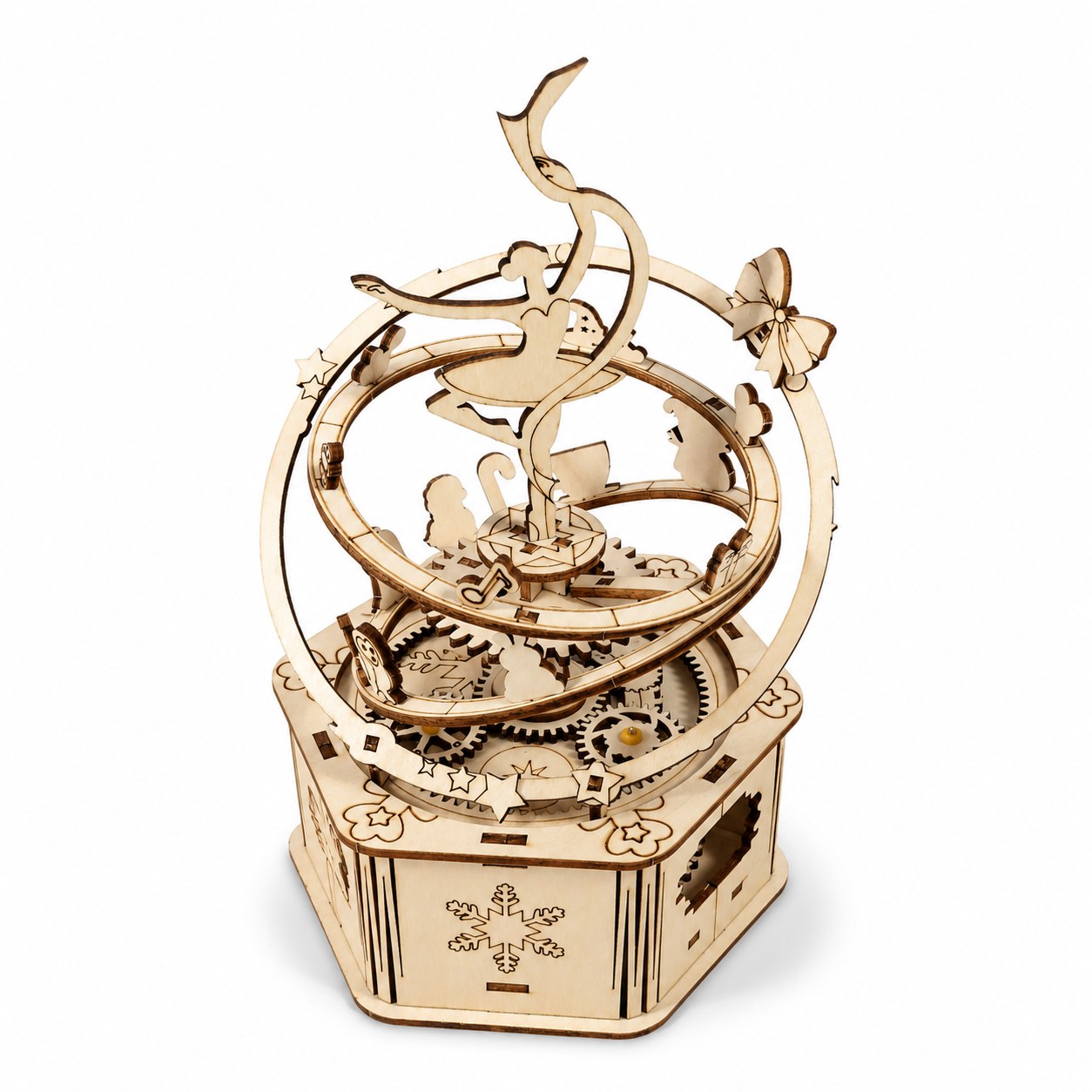 Jigden Orbital Ballerina 3D Wooden Music Box assembled model on white background