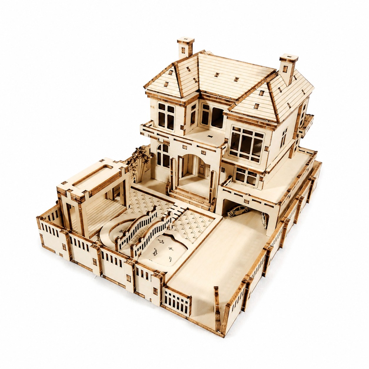 Assembled modern villa 3D wooden puzzle on white background