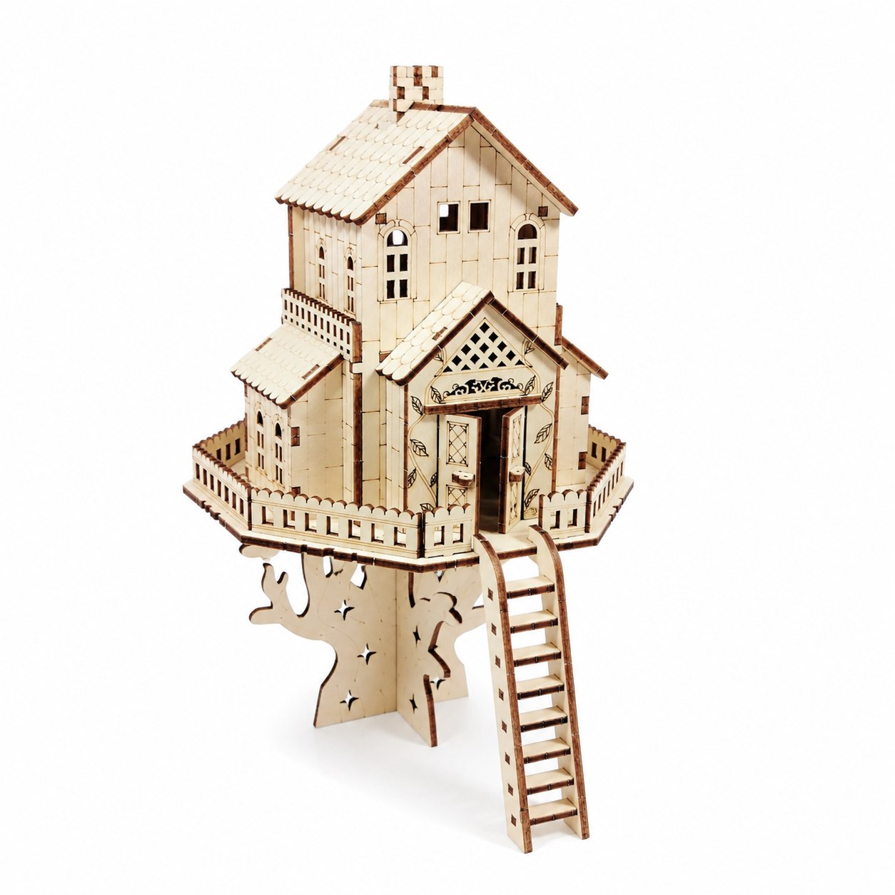 Whimsical Treehouse 3D Wooden Puzzle on white background