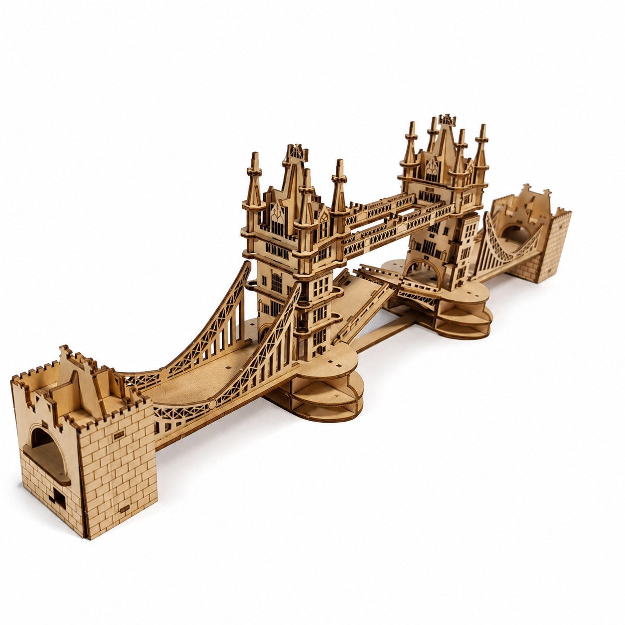 Fully assembled London Tower Bridge 3D wooden puzzle on a white background