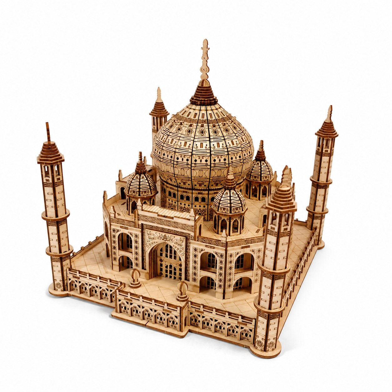 Architectural Taj Mahal 3D Wooden Model Kit fully assembled on a white background