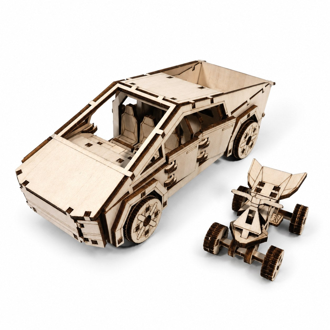 Assembled wooden futuristic cyber-style pickup truck and ATV model kit