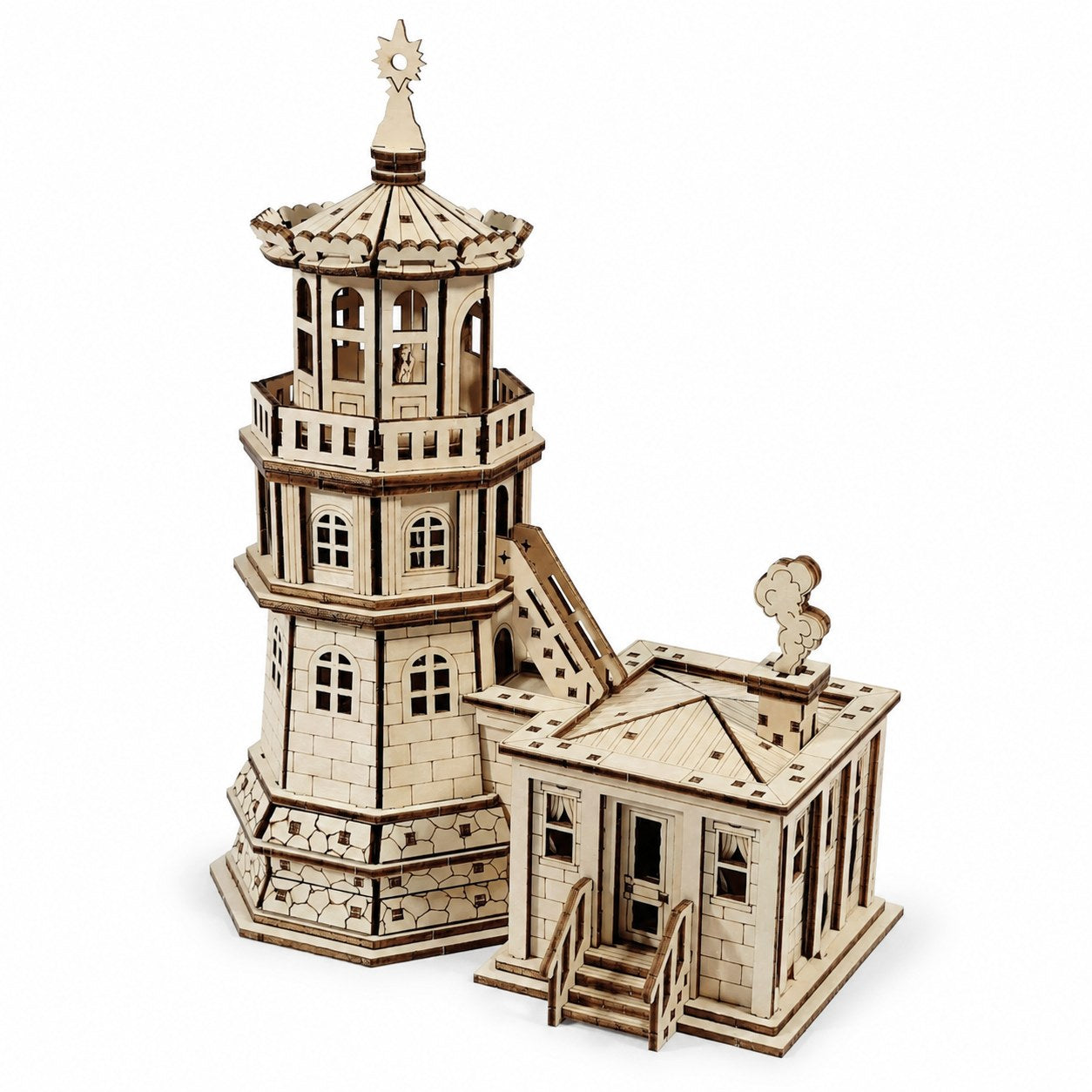 Coastal Lighthouse 3D Wooden Puzzle fully assembled on a white background