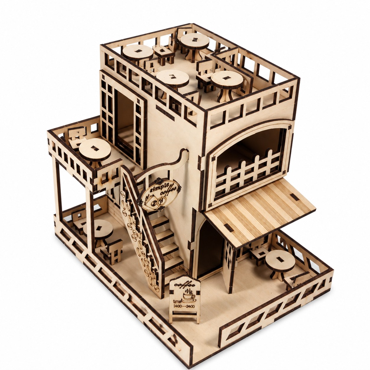 Cozy Coffee Shop 3D Wooden Model Kit on white background