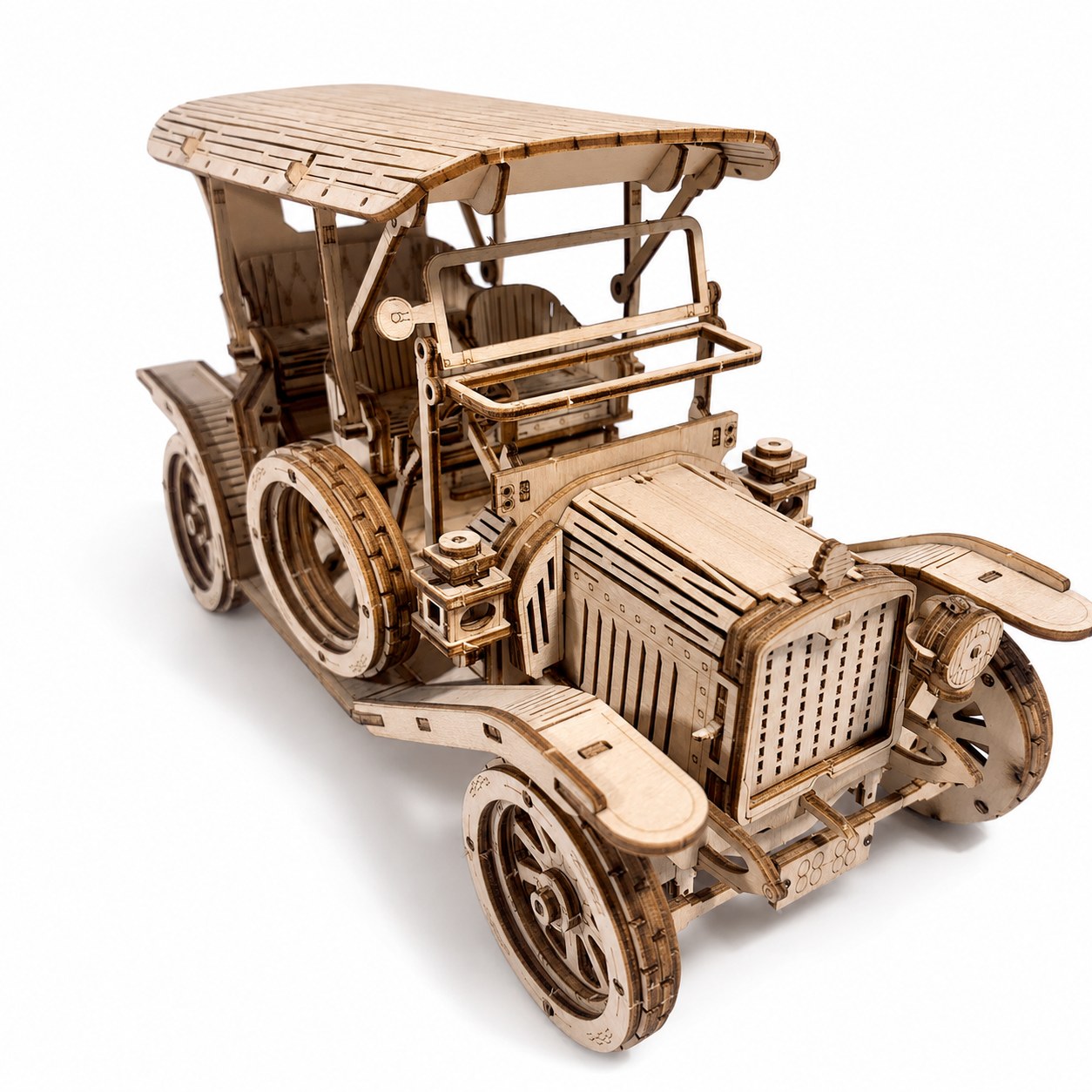 Retro Roadster Mechanical Wooden Car Kit on a white background.