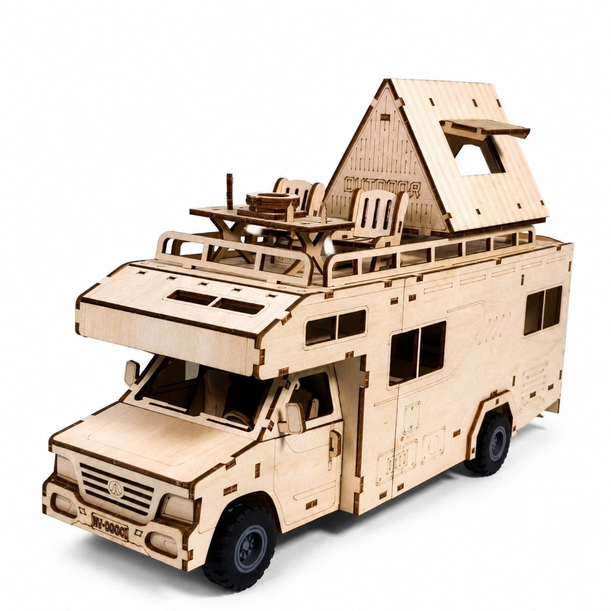 Assembled Luxury RV Camper 3D wooden model kit on a white background