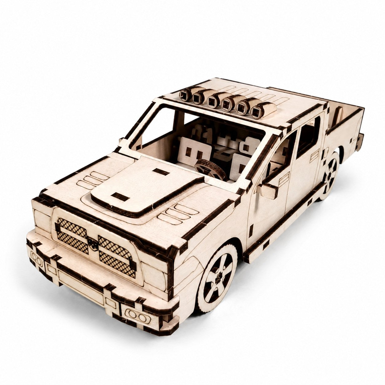 Assembled wooden off-road pickup truck 3D puzzle on a white background